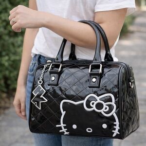 Loungefly Sanrio Hello Kitty Black Patent Quilted Satchel Bowler Handbag Y2K